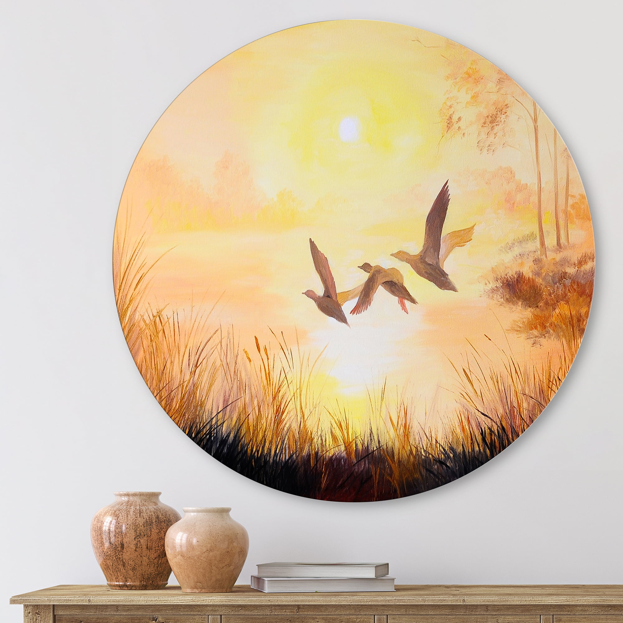Designart 'Three Cranes Flying Through Warm Sunset' Traditional Circle Metal Wall Art 23x23 - Disc of 23