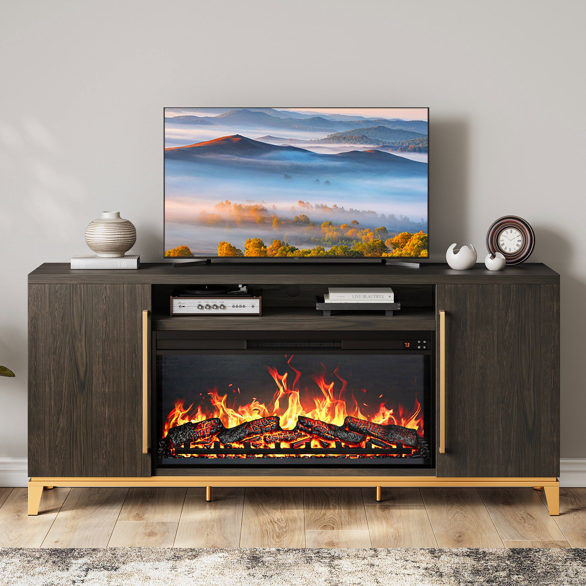 BELLEZE Fireplace TV Stand with 36" Electric Fireplace, Entertainment Center for TVs Up to 75", TV Console with Storage Cabinet and Open Shelf for Living Room, Bedroom - London (Dark Walnut)