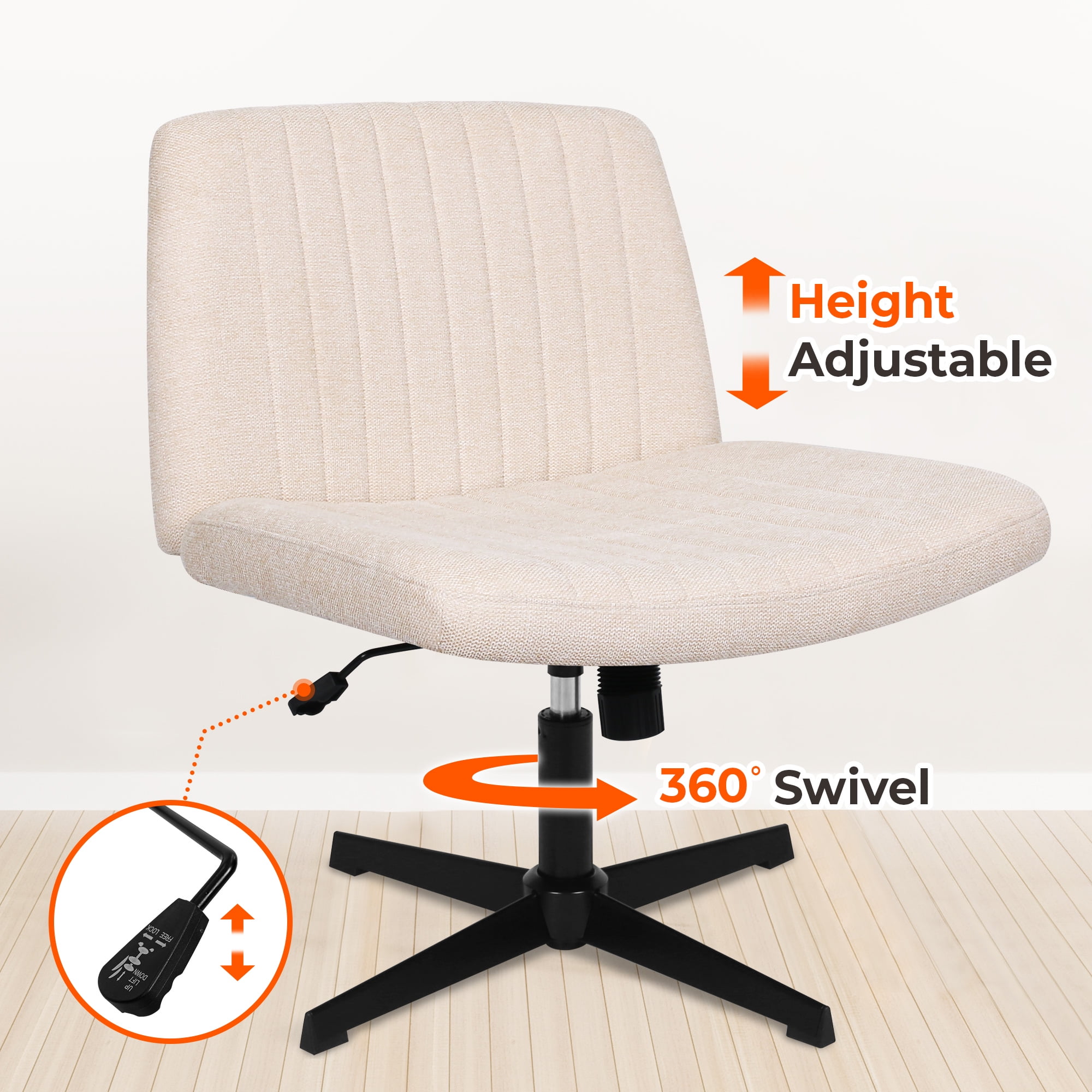 NEO CHAIR Criss Cross Chair No Wheels Armless&nbsp;Comfy Desk Chair Wide Vanity Makeup&nbsp;Cross Legged Office Adjustable Computer Task for Home Office Fabric (Beige)