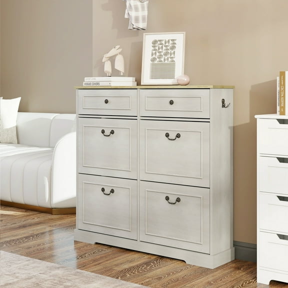 Shoe Storage Bench, Entryway Shoe Cabinet with 2 Drawers, 4 Flip Drawers, Hidden Design, Shoe Organizer Cabinet with 3-Position Adjustable Shelf for Living Room, Hallway, Foyer, White