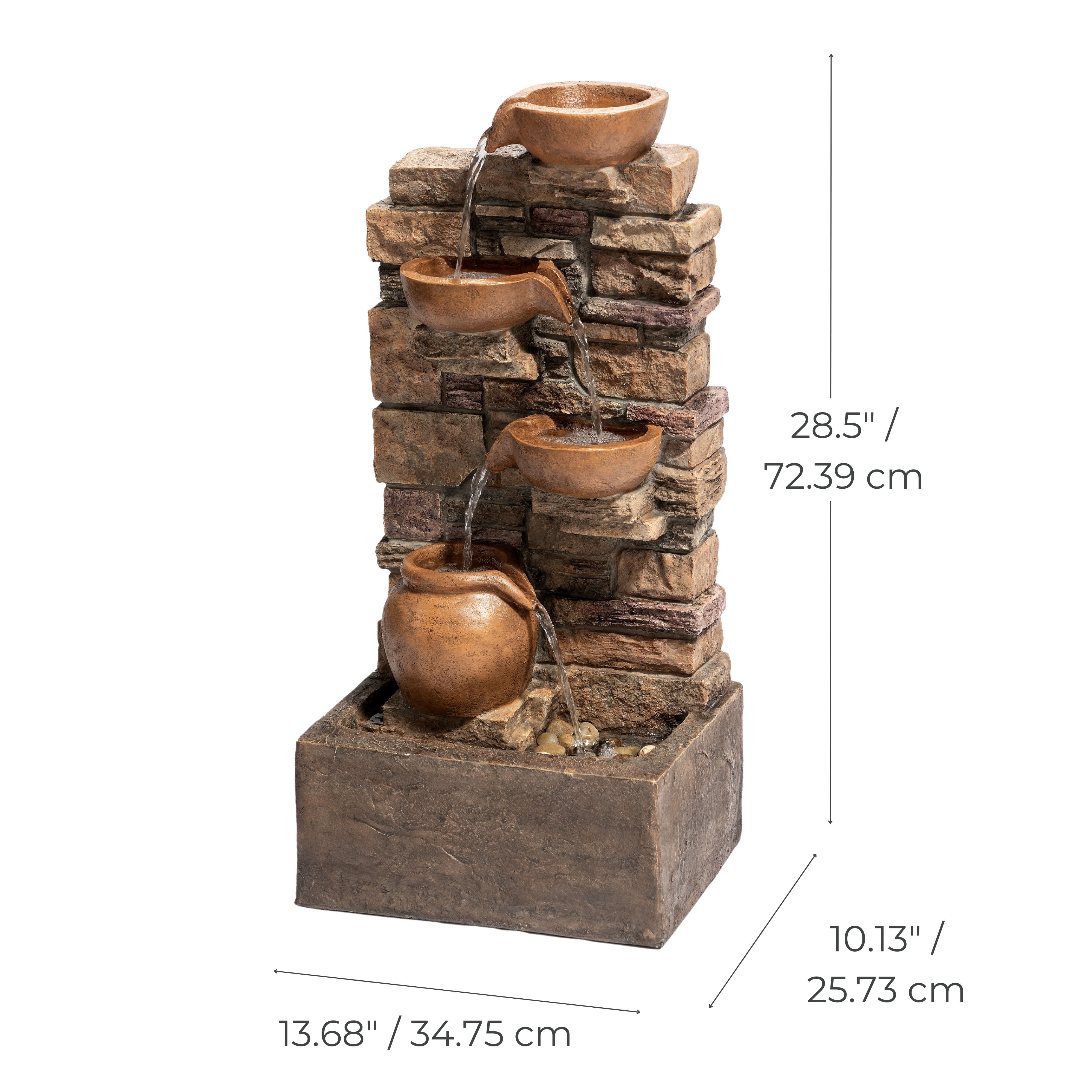 Teamson Home 28.5" Outdoor 4-Tier Stacked Stone Cascading Water Fountain with LED Lights, Brown