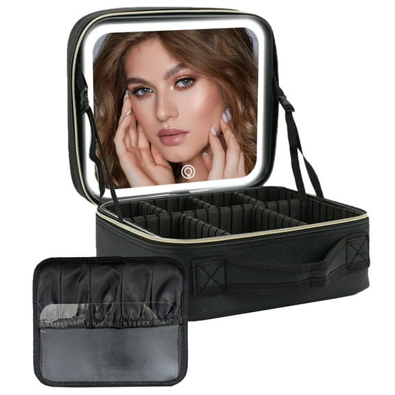 Behome Makeup Bag with Light, Travel Makeup Bag With LED Mirror, Cosmetic Case with 3 Color Lighted Portable Organizer Bag with Adjustable Dividers For Woman, Black