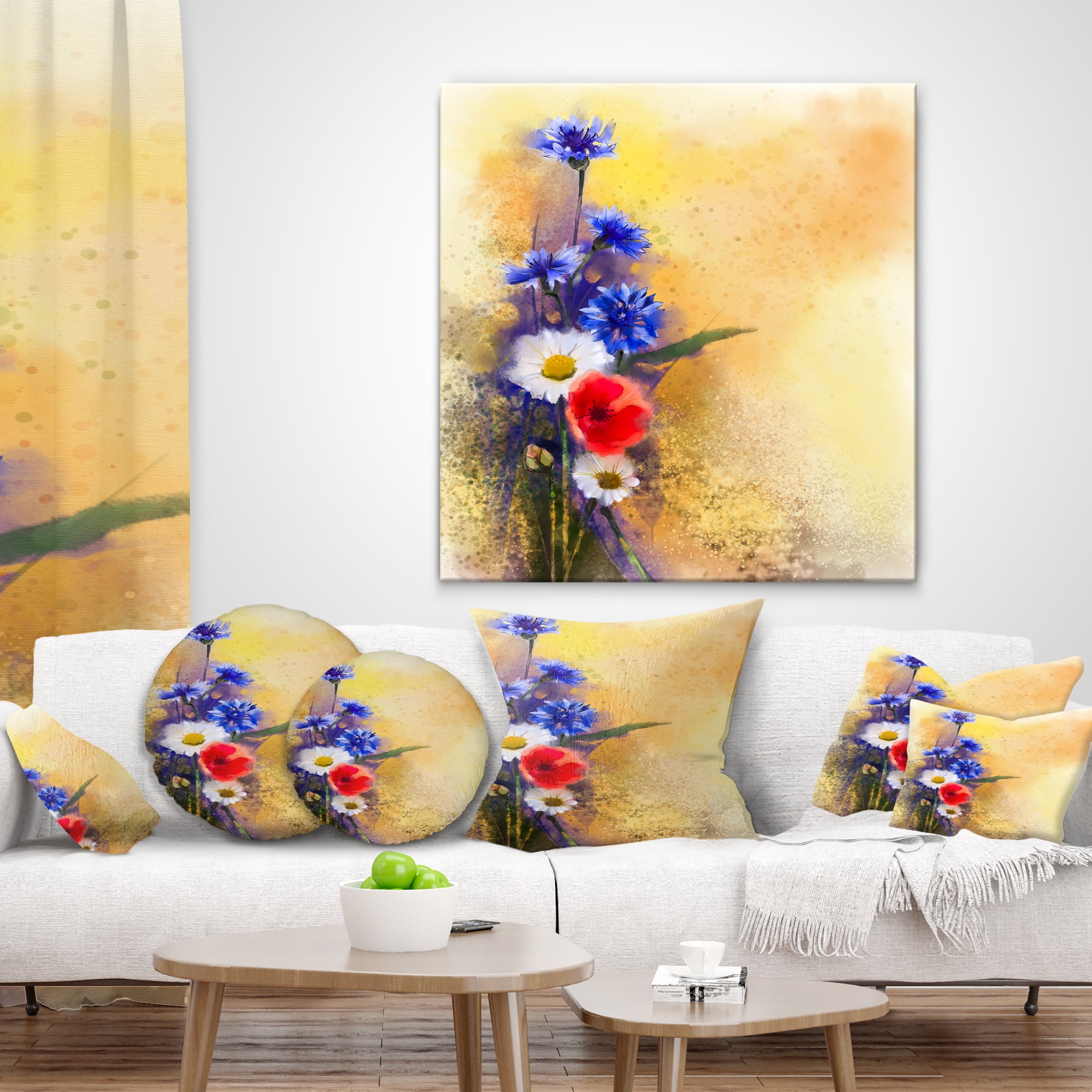 Designart Bouquet of Poppy Cornflower and Daisy - Floral Throw Pillow - 16x16