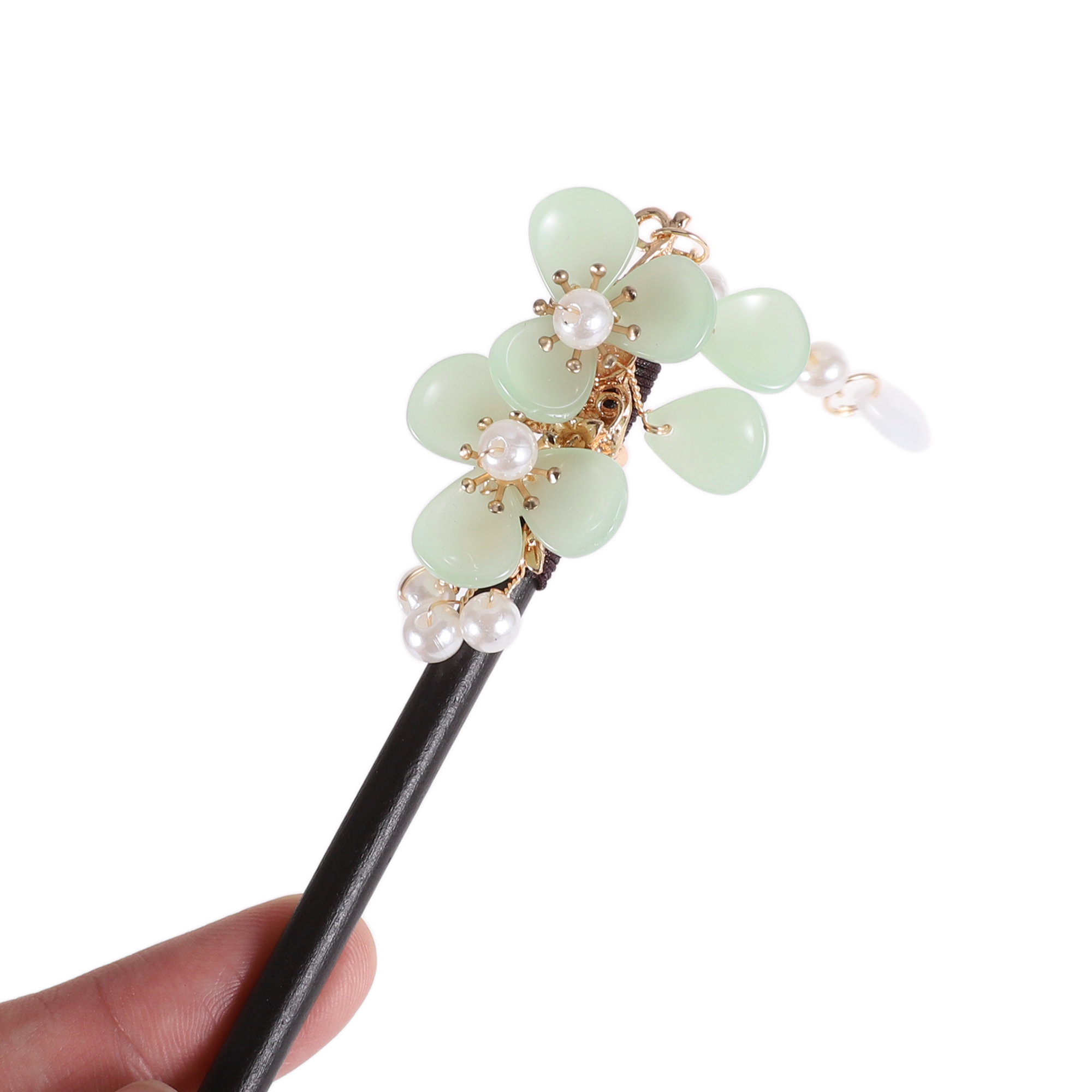 Unique Bargains Three-petal Flower Tassel Hair Chopstick for Women 1 Pc Black, Green