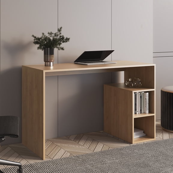 TUHOME Solid Wide Writing Desk with 3 side Open Storage Shelves, Top Workspace, Freestanding