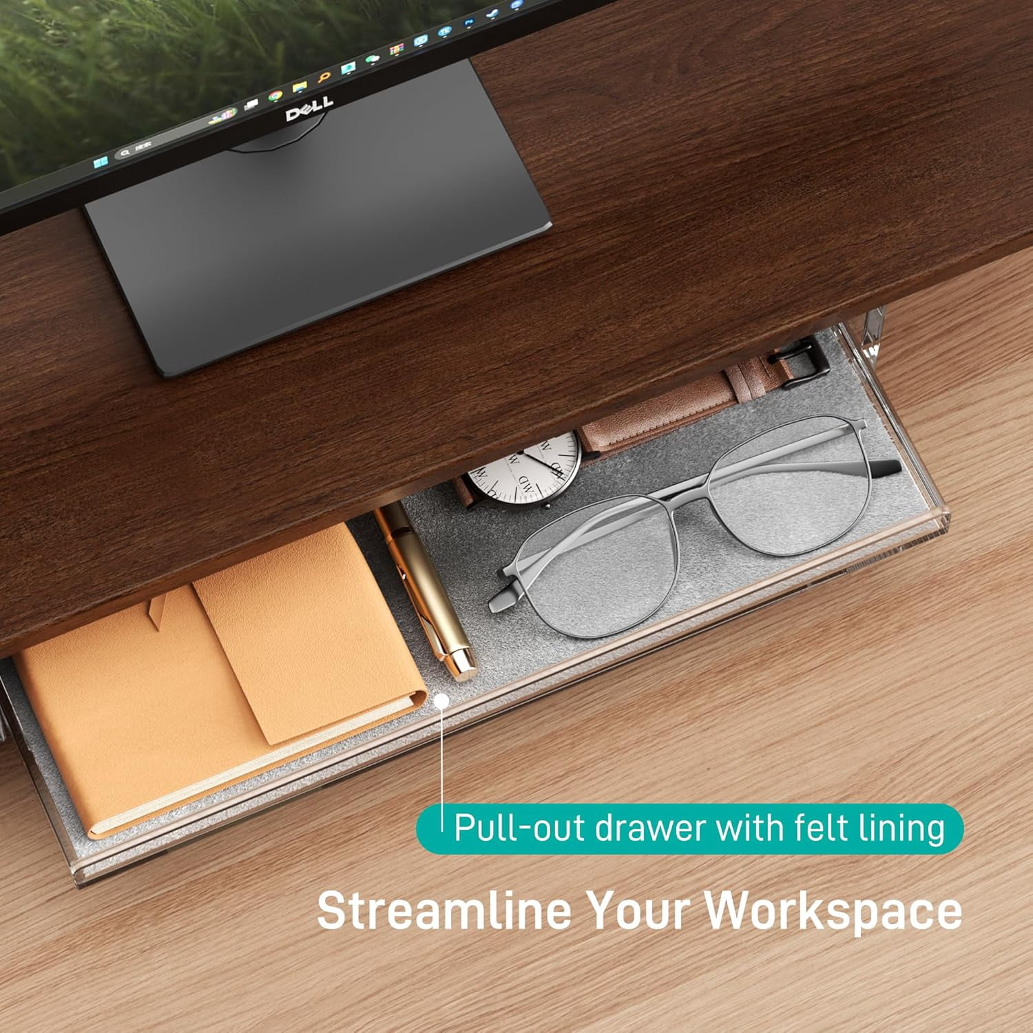 Large Dual Monitor Stand for Desk, 43 Inch Computer Riser with Felt Drawer and Acrylic Legs, Ergonomic Desktop Organizer for Laptop Printer TV
