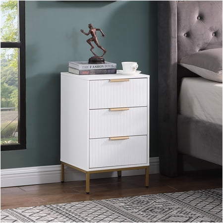 JERFIT Mid-Century Modern Nightstand with 3 Drawers White and Gold End Table with Wavy Fronts Bedside Table with Gold Metal Legs for Bedroom Living Room