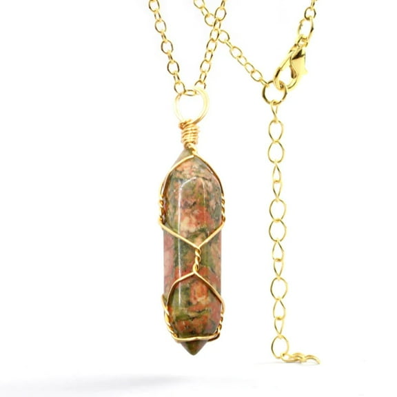 Natural Gold Wire Wrapped Ukanite Handmade Point Necklace Hexagon Chain Pendant Necklace
