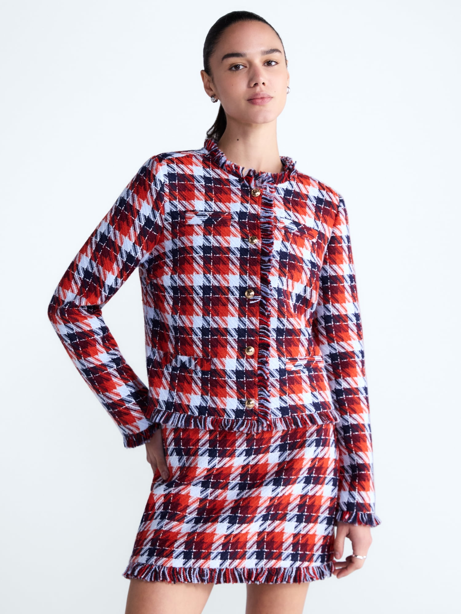 Free Assembly Women's Cropped Tweed Jacket with Fringe Trim, Sizes