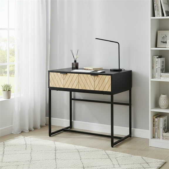 Bali Coastal Modern Console Table with 2 Natural Wood Drawers, Black