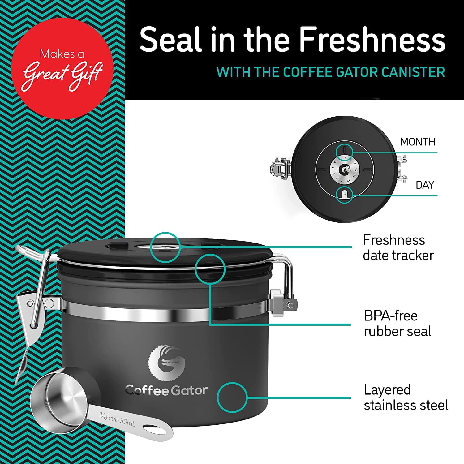 Fresher Beans and Grounds for Longer Coffee Gator Stainless Steel Container CO2-Release Valve and Measuring Scoop Grey Canister with Date Tracker Small 