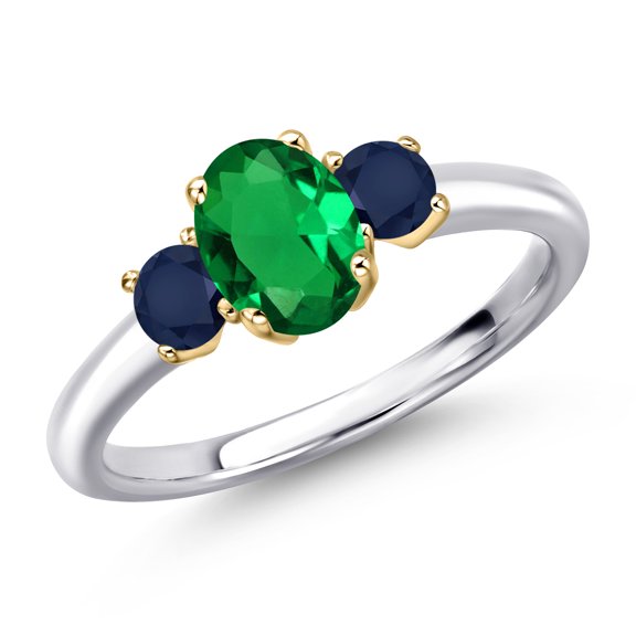 Gem Stone King 10K Two Tone Gold Green Nano Emerald and Blue Sapphire Engagement Ring for Women | 1.04 Cttw | Oval 7X5MM | Gemstone May Birthstone | Size 7