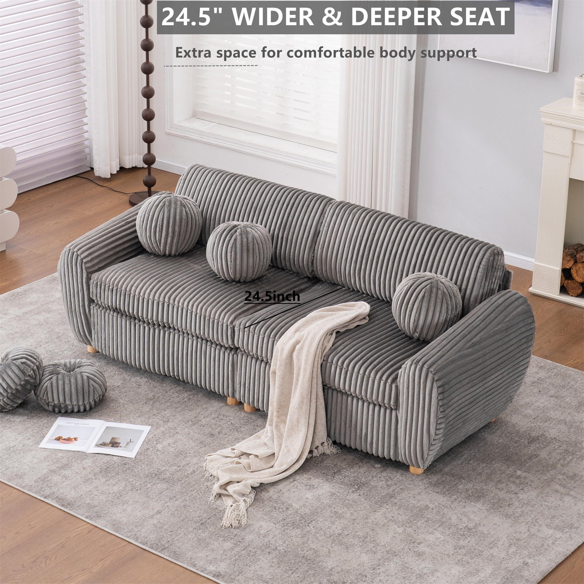 Aukfa 85" Modern Comfy Sofa, Upholstered Deep Seat Couch for Living Room, 5 Pillows, Corduroy, Gray