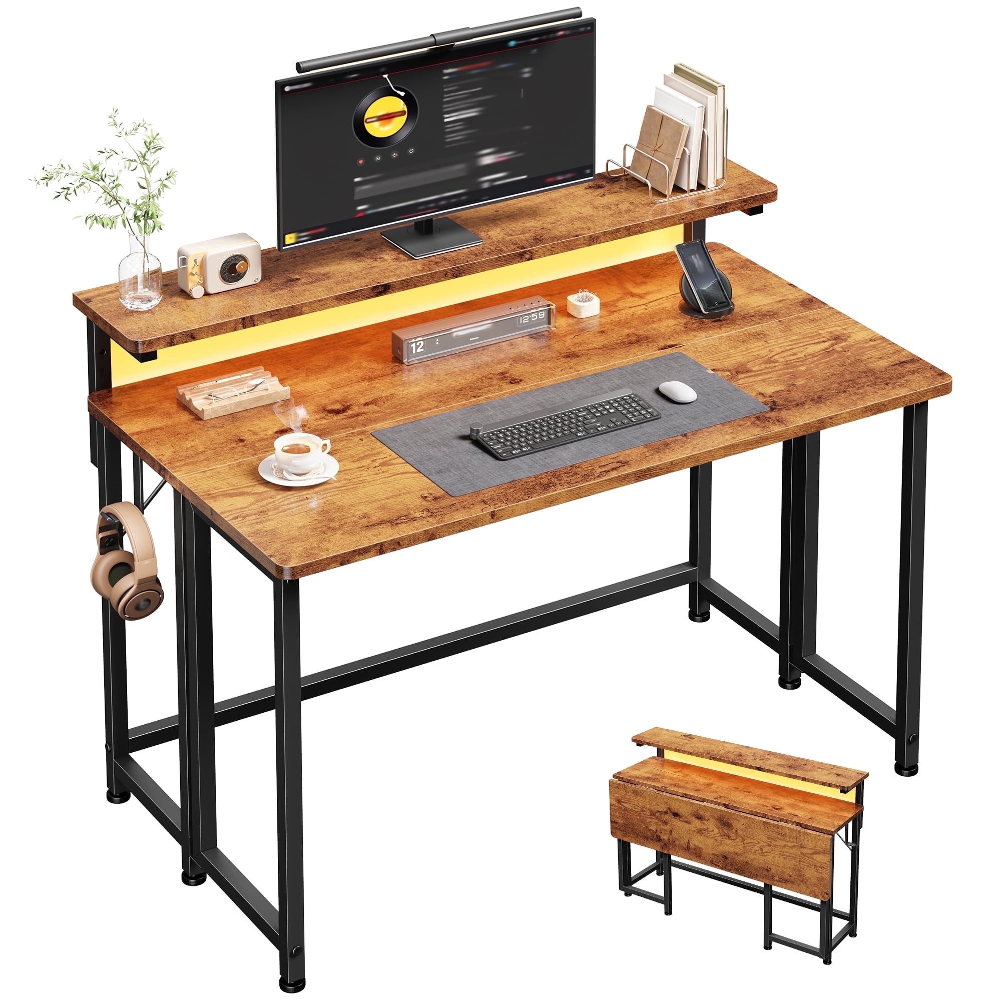 Romorgniz 39.4"D Computer Desk with LED Lights, Foldable Desk with Monitor Stand & Hooks, Computer Desk for Small Space, Rustic Brown