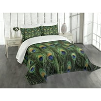Ambesonne Peacock Quilted Bedspread Set 3 Pcs, Exotic Animal Feathers, Queen Size, Green Mustard Navy