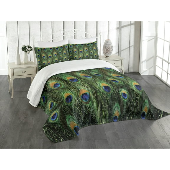 Ambesonne Peacock Quilted Bedspread Set 3 Pcs, Exotic Animal Feathers, Queen Size, Green Mustard Navy