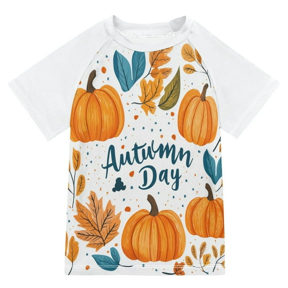FORMRS Boys Rash Guard with Short Sleeves UPF 50  Swim Shirts Sizes 3-12T, Pumpkins Pattern