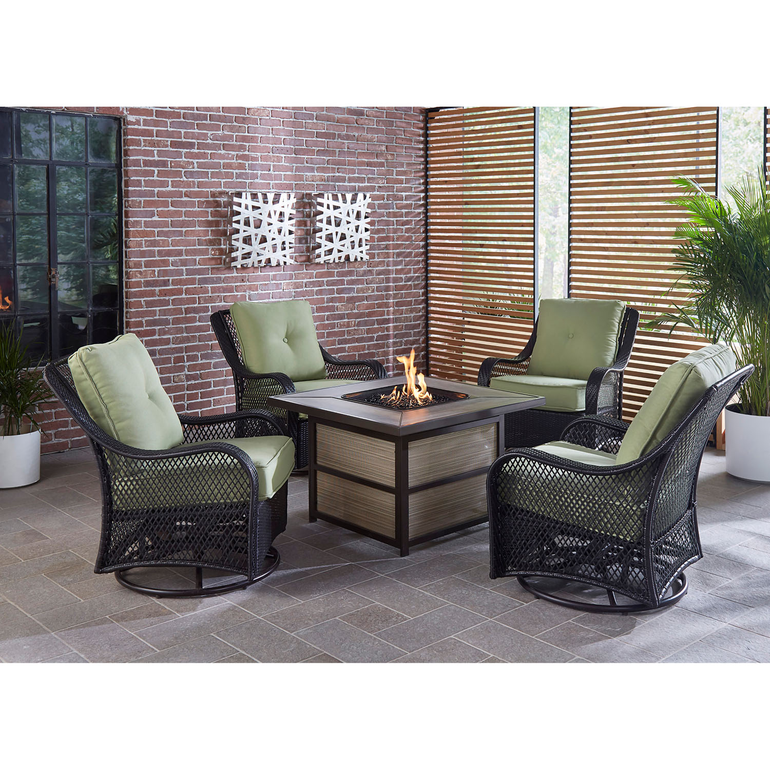 Hanover Orleans 5 Pcs Wicker and Steel Propane Fire Pit Chat Set, Avocado Green - image 3 of 9