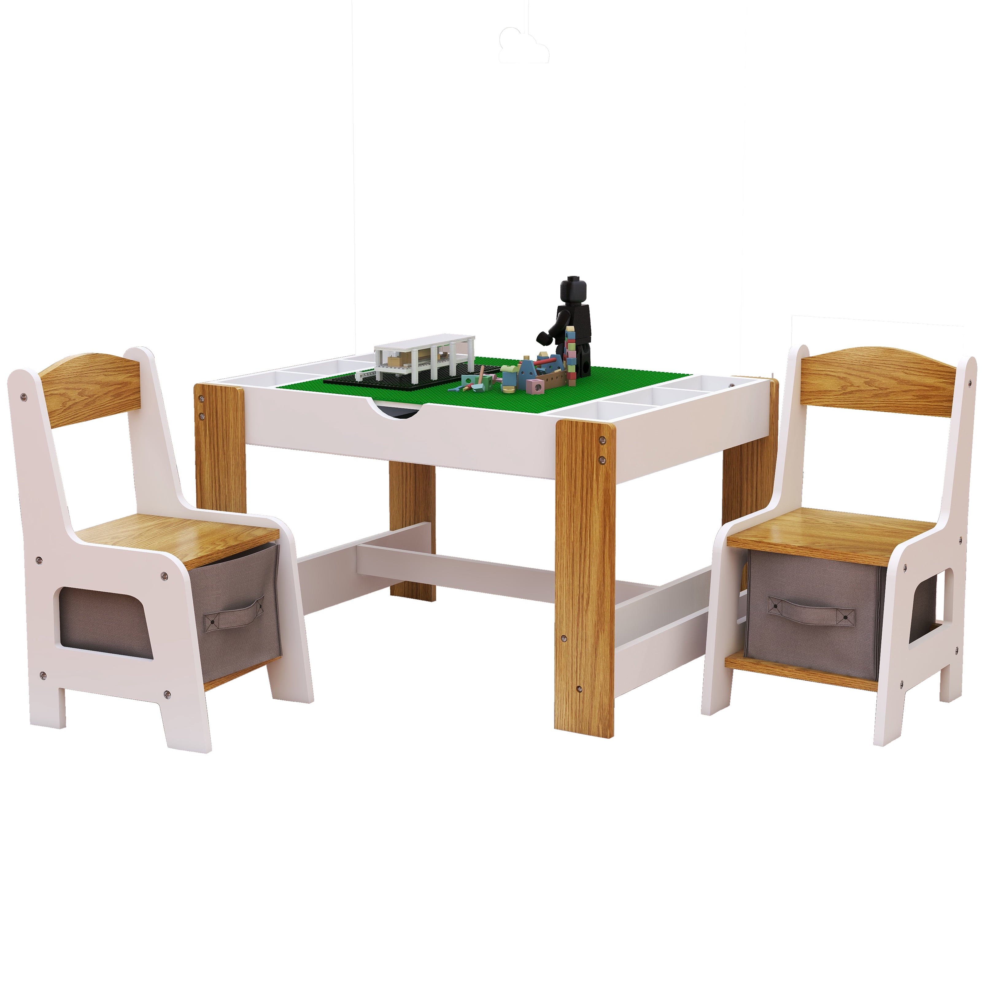 OUFAN Kids 2 in 1 Play Table and 2 Chair Set with 7 Storage Compartments & Built in Plate Compatible, Modern Activity Learning Table Furniture, White