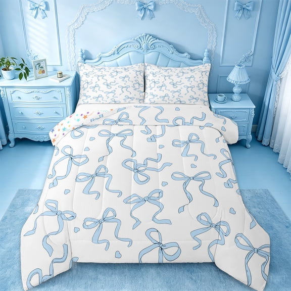 Manfei Blue Girly Bow Full Size Comforter Sets For Girls,Cartoon Heart Print Bedding Sets For Kids,Colorful Stars Reversible,3pcs