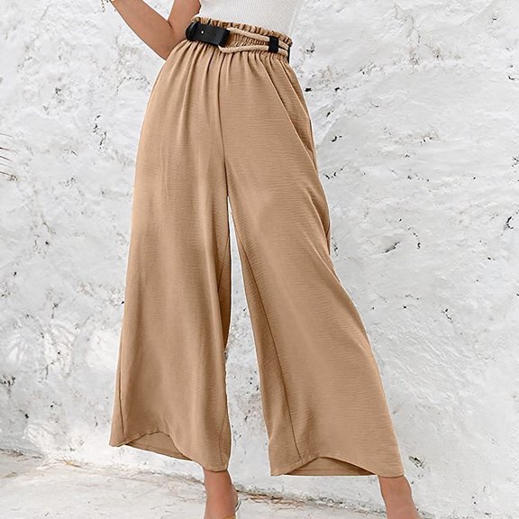 HUPOM Palazzo Pants For Women Casual Pants Casual High Waist Rise Long Flare-Leg Khaki XL