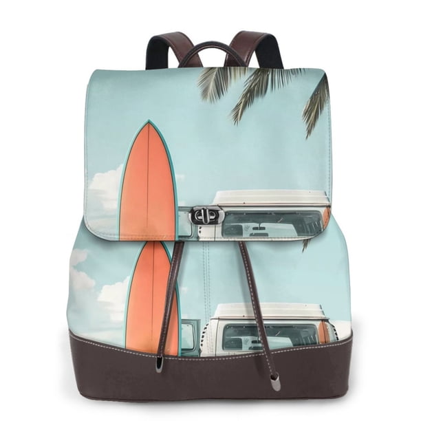 Easygdp Vintage Surf Van Beach Mochila de Cuero para Mujeres, Bolso de Hombro, Bolsos de Mano de Moda para Trabajo y Viajes