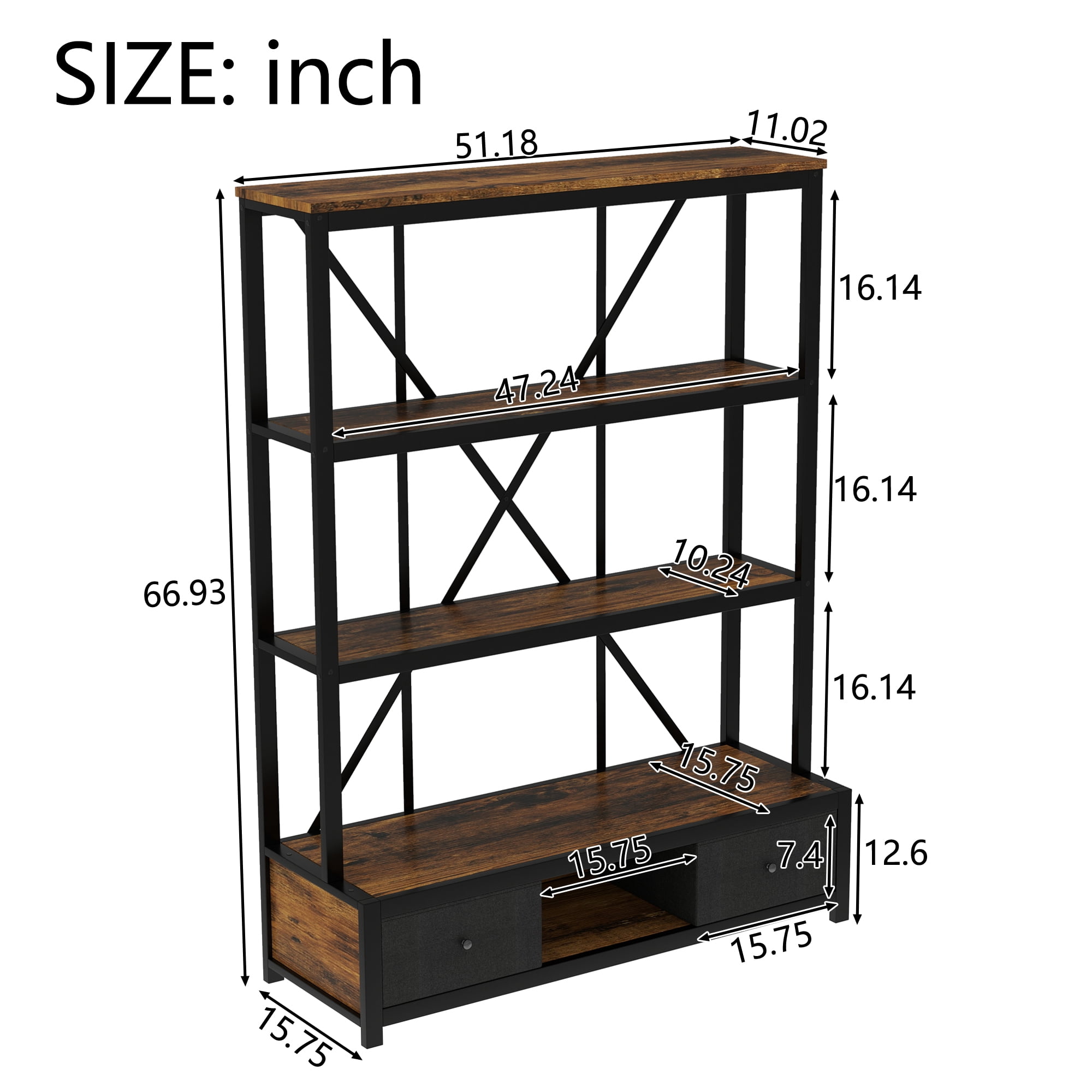 Aukfa 3-Shelf Metal Bookcase with Drawers & LED for Home Office,Vintage