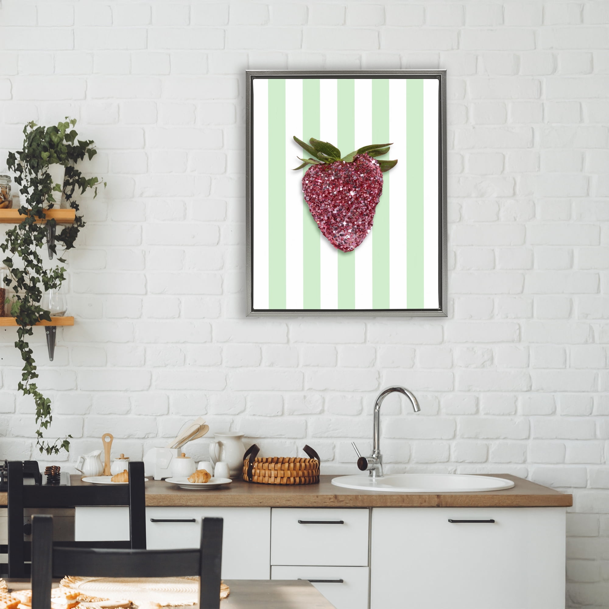 Stupell Industries Glimmer Cherry on Green Stripes Gray Framed Floater Canvas Wall Art, design by LISH Creative