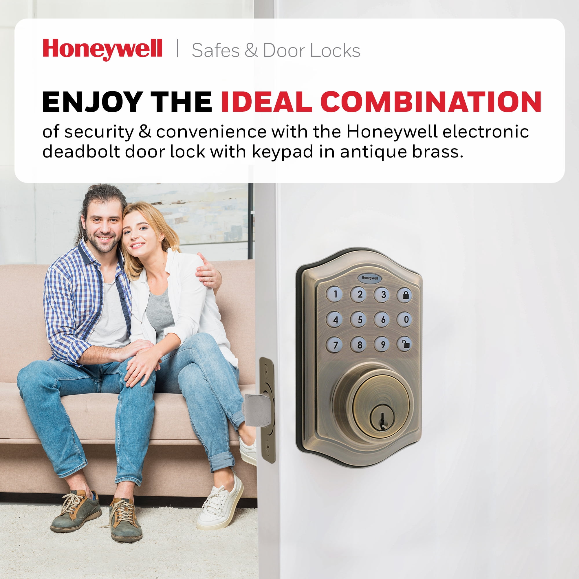 Honeywell Electronic Entry Deadbolt Door Lock, Antique Brass
