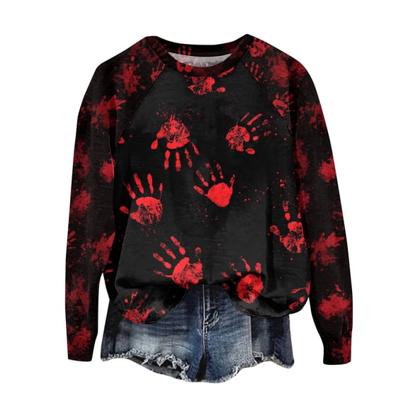 WTOBBY Women's Casual Raglan Sleeve Sweater Top with Halloween Print, Fashion Long Sleeve Round Neck Design for Cozy Wear, Perfect for Autumn and Casual Styles,Black L