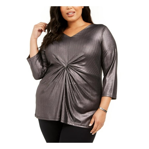 Alfani Womens Plus Metallic Twist-Front Top