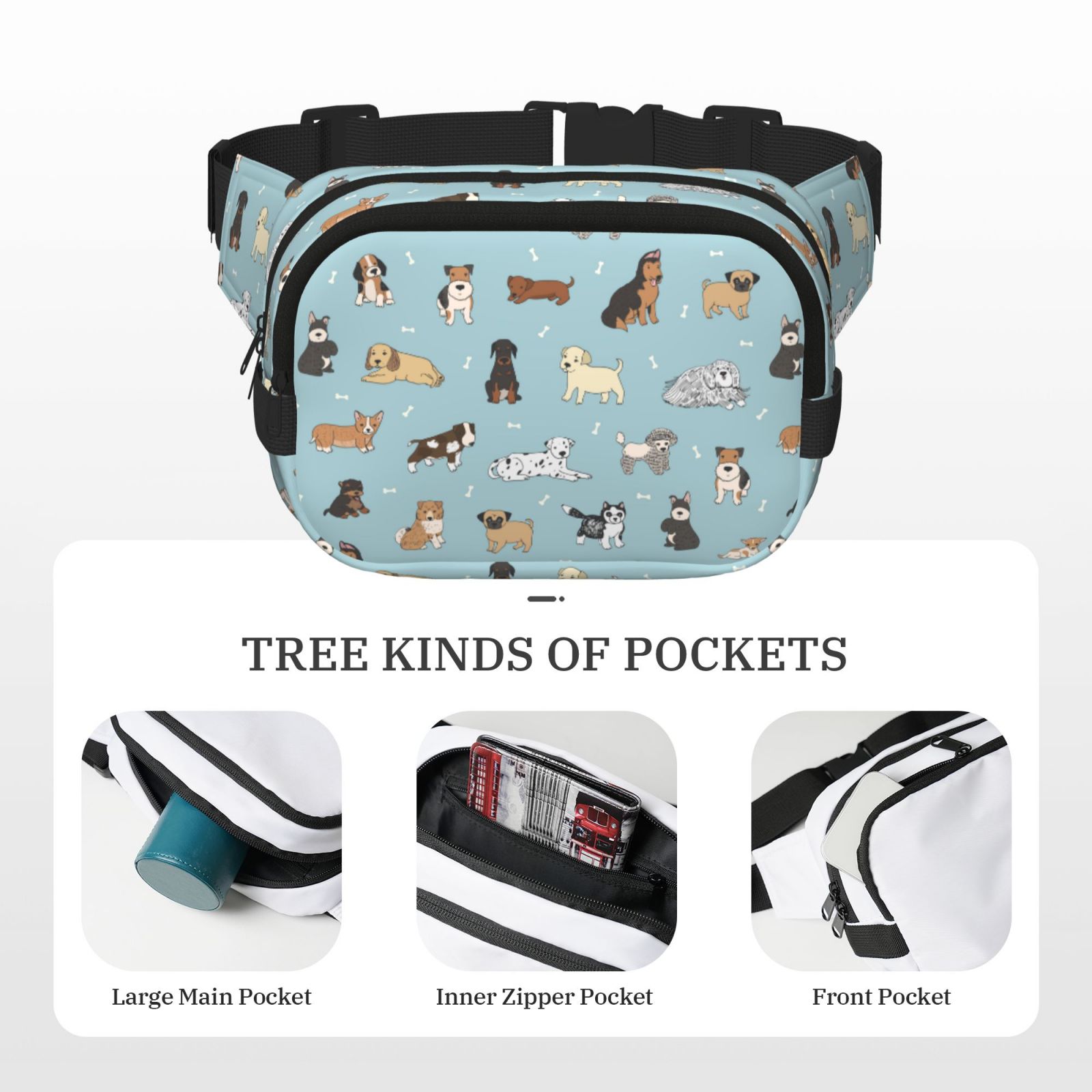Hirioo Dog Pets for Double Layer Waist Bag Adjustable Fanny Pack For Travel Running Hiking