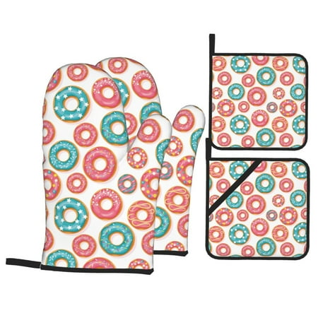 

Oven Mitts and Pot Holders Sets 4 pcs Blue Pink Donuts Print Non-Slip Oven Gloves Potholders Soft Quilted Lining Heat Resistant Gloves Hot Pads for Kitchen Cooking Baking