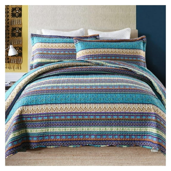 3 Piece Bohemian Quilt Bedspread Set (Blue, Queen)
