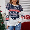 thumbnail image 2 of Camisa con estampado navideño, bloque de color, manga larga, informal, holgada, con cuello redondo, blusa estampada para mujer, azul, XXL, 2 of 5