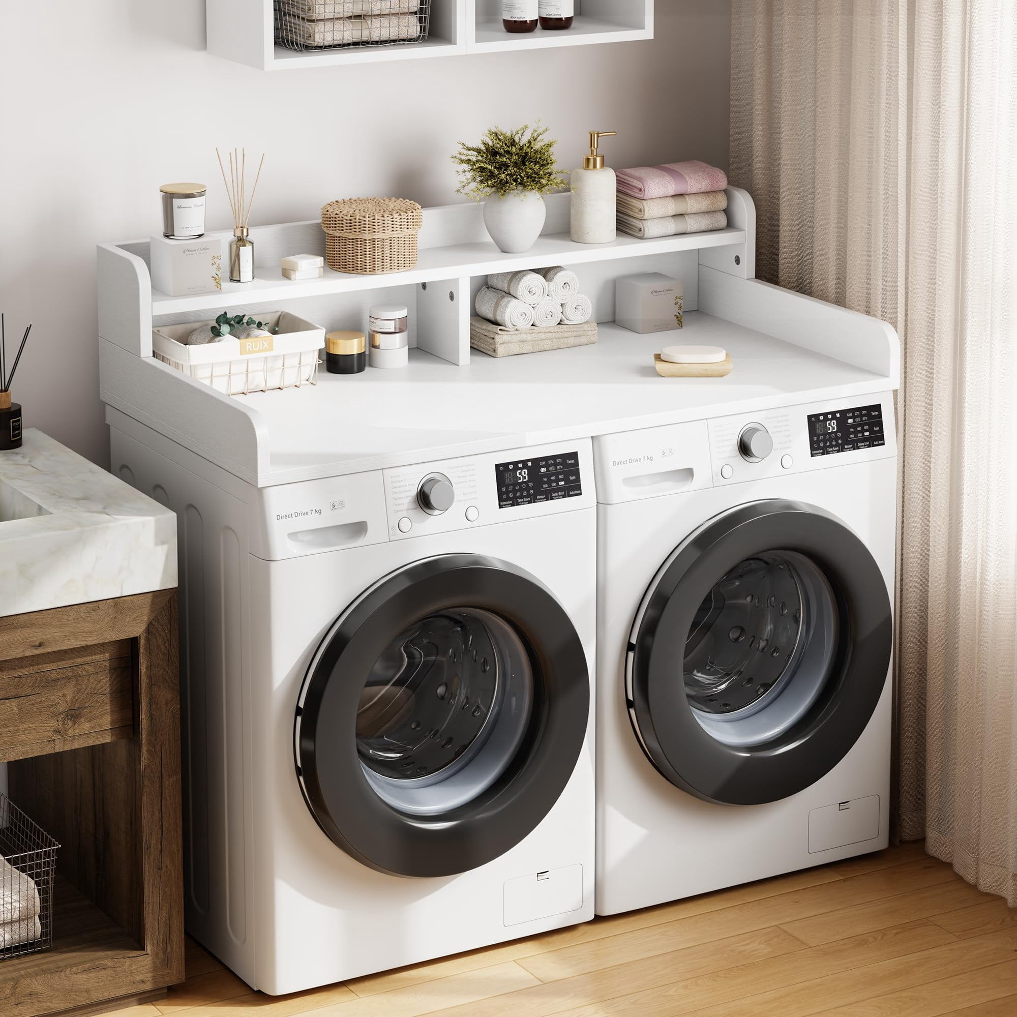 Huisuilinss Washer Dryer Countertop,2-Tier Washer And Dryer Countertop,Wood Laundry Countertop With Shelf & Drawer,Washer Dryer Topper With Non-Slip Pad And Guard Rails,Laundry Topper For Laundry Roo