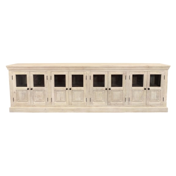 Tropez 8-Door Solid Wood Sideboard With Glass Panels in Distressed White Finish