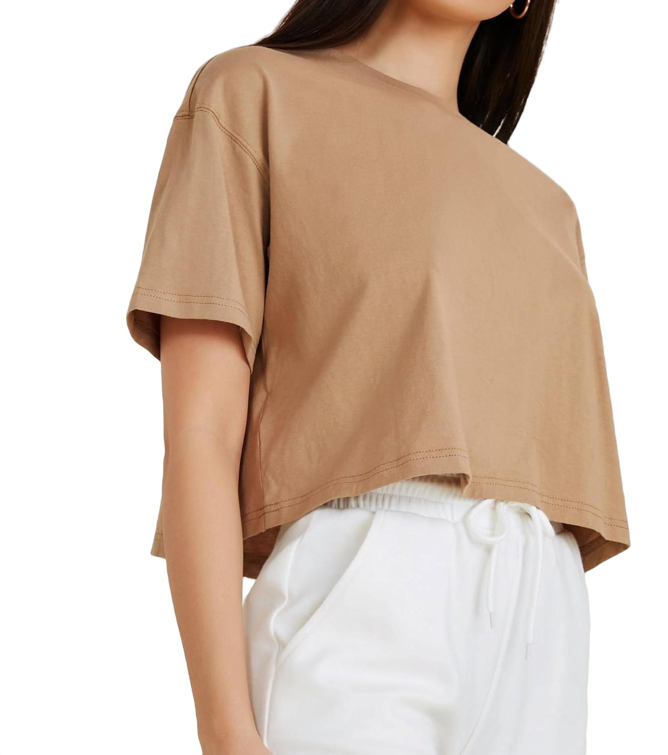 Neck Round Casual S Solid Tee Womens T-Shirts Camel
