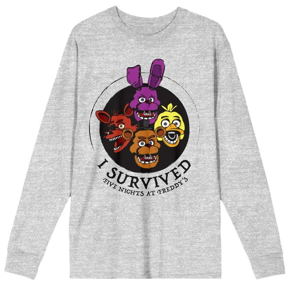 Five Nights at Freddy's I Survived with Four Characters Men's Heather Gray Long Sleeve Crew Neck Tee-Small