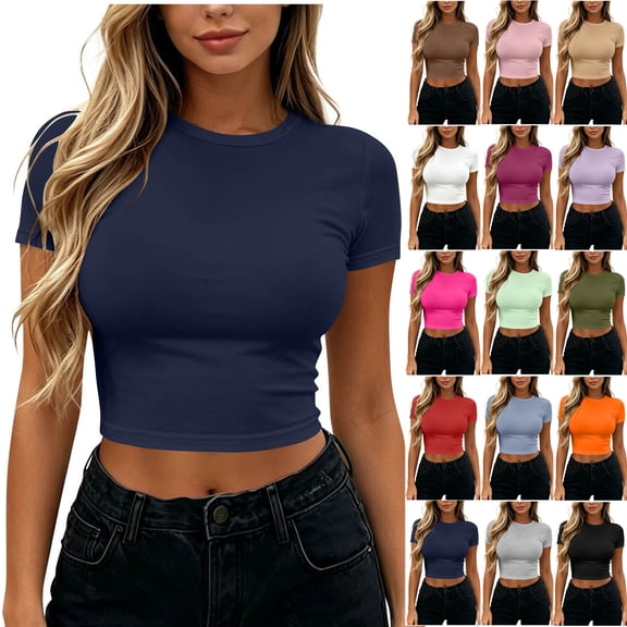 Axiiglly Crop Tops for Women Short Sleeve Slim Stretch Basic Tees Trendy Casual Cropped T Shirts, S-XL