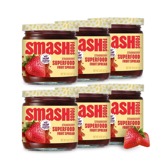Smash Foods Strawberry Jam, No Sugar Added, Low-Calorie, Vegan (6 Jars)