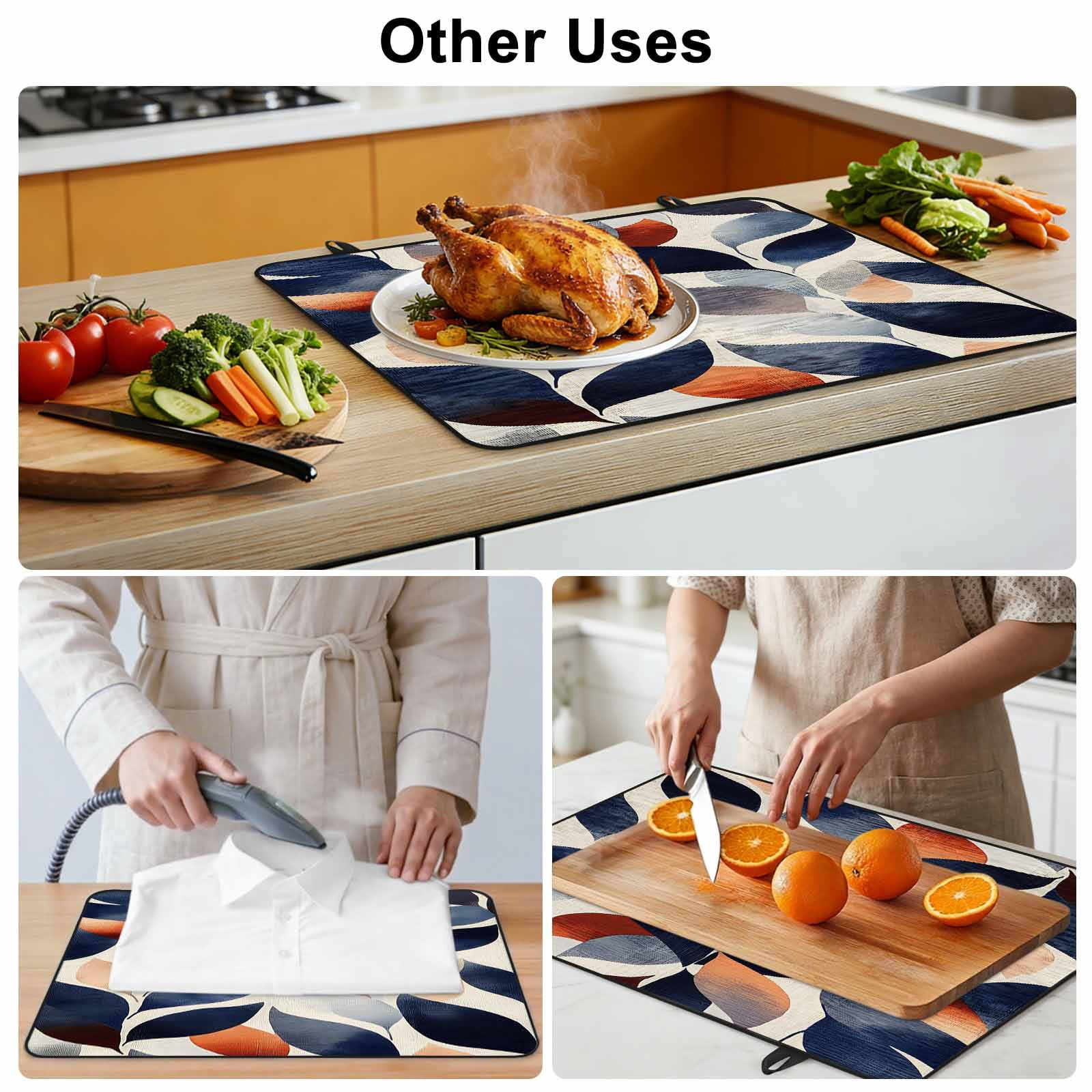 Navy Blue Burnt Orange Stove Top Cover for Electric Stove, Heat-proof & Non Slip Glass Top Stove Cover Protector, Botanical Abstract Palm Leaf Kitchen Flat Cooktop Rubber Mat 24x21 Inches