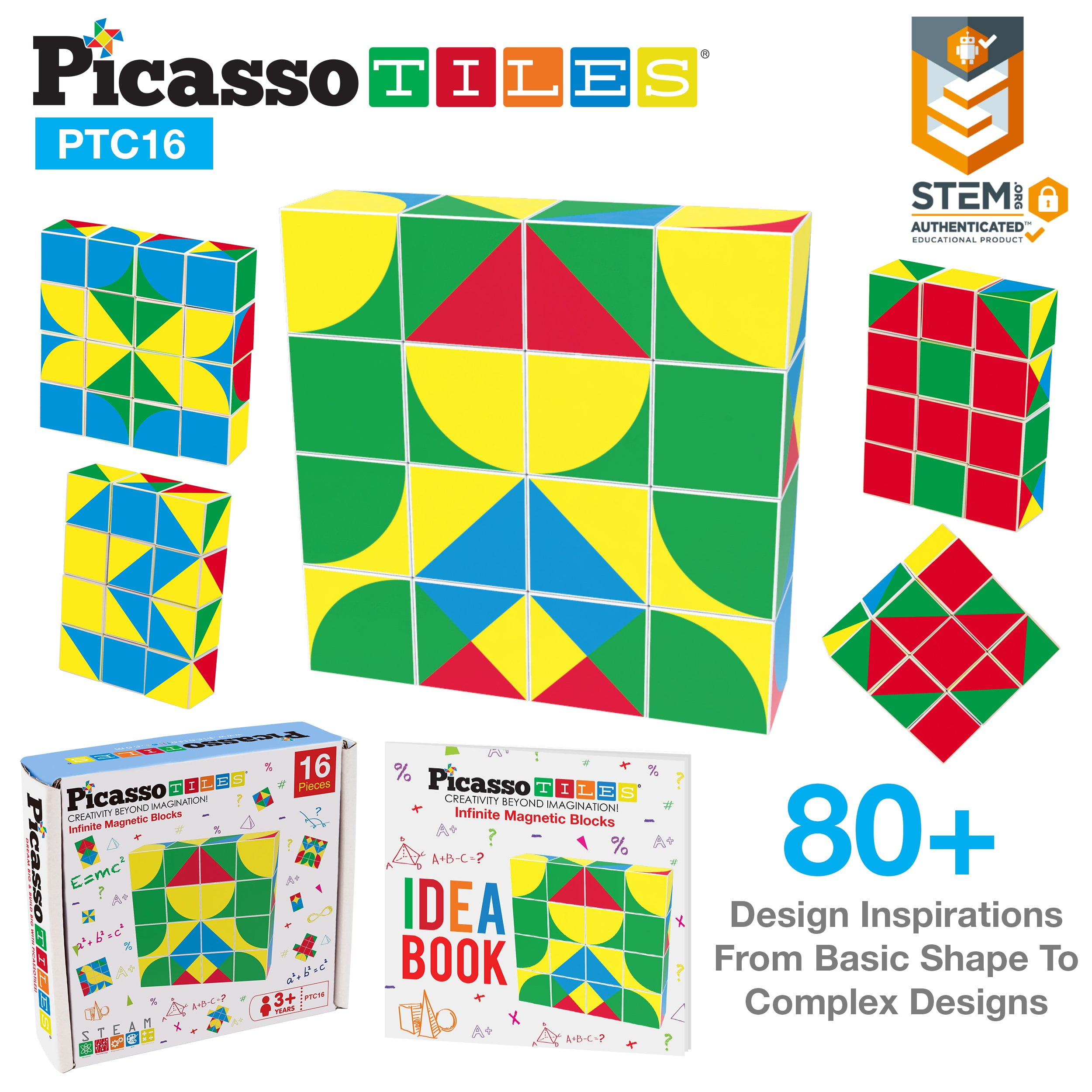 PicassoTiles 16 Piece Infinite Magnetic Puzzle Magic Pixy Cube Game Sensory Toy Set