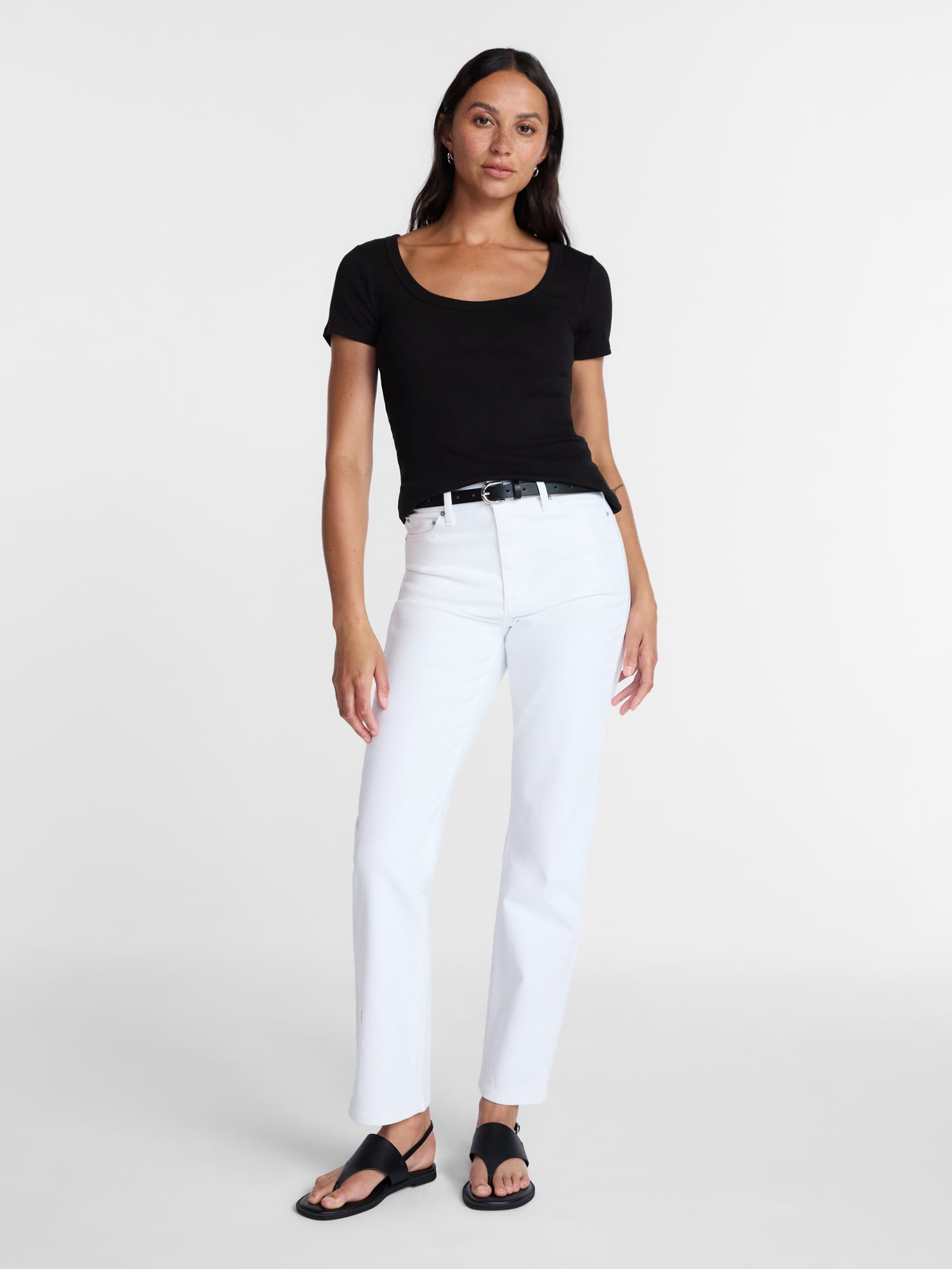 Time and Tru Women's Ribbed Scoop Neck Tee with Short Sleeves, Sizes XS-XXXL