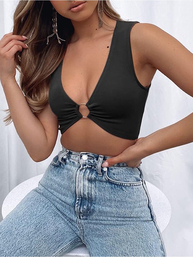 Women’s Deep V Neck Crop Tank Top – Sleeveless Workout Top With Ring Detail, Plunge Neckline, Sexy Casual Fit