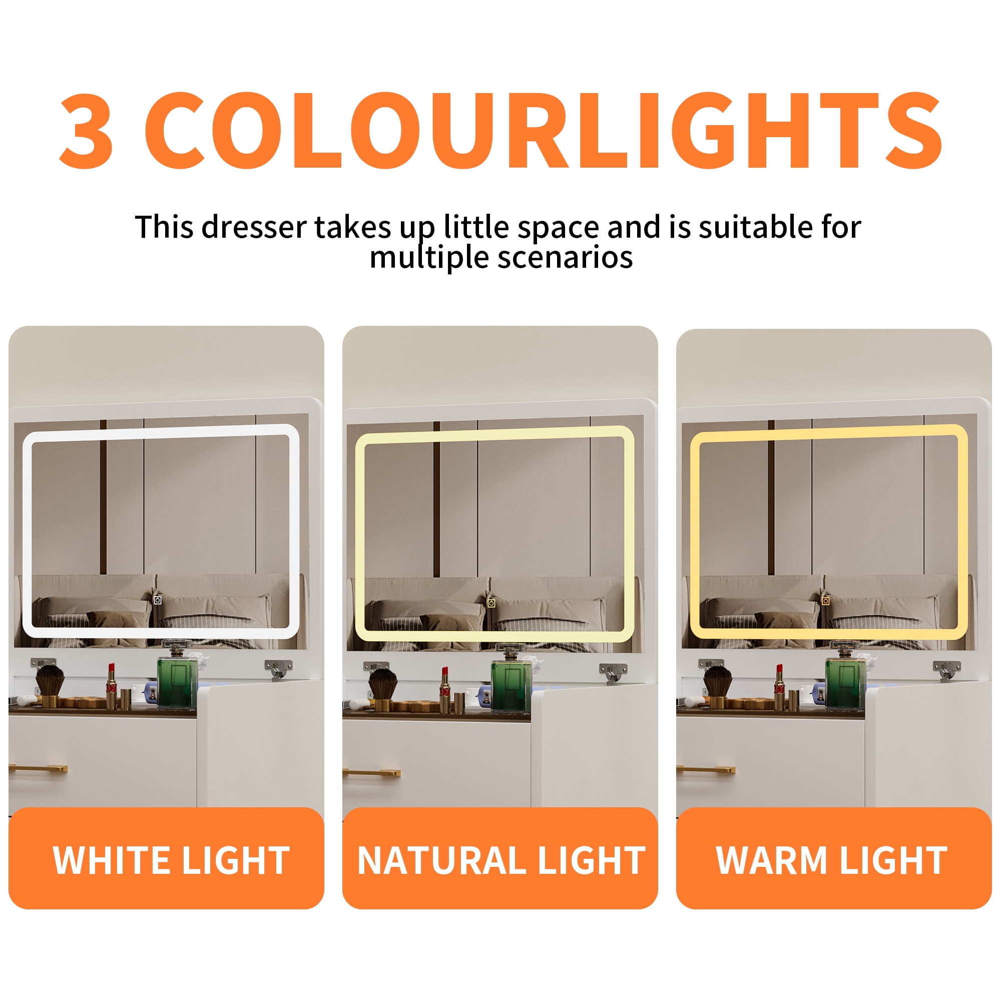White Makeup Vanity Set with Mirror & Lights,3 in 1 Vanity Desk with 3 Drawers & Upholstered Stool