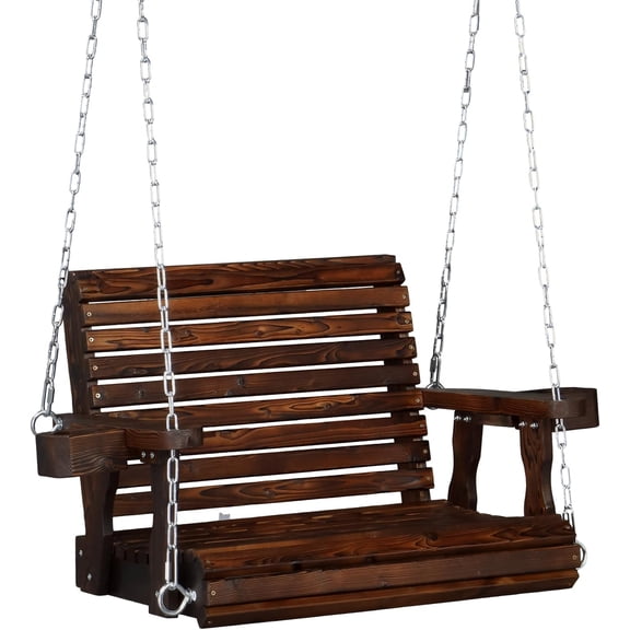 WLTER Heavy Duty 440 LBS 1-Person Wooden Patio Porch Swing with Deeper Seat & Higher Backrest & Extra Cup Holder for Adults & Kids, Outdoor Single Porch Swing for Porch, Yard, Balcony, Tree (Rustic)