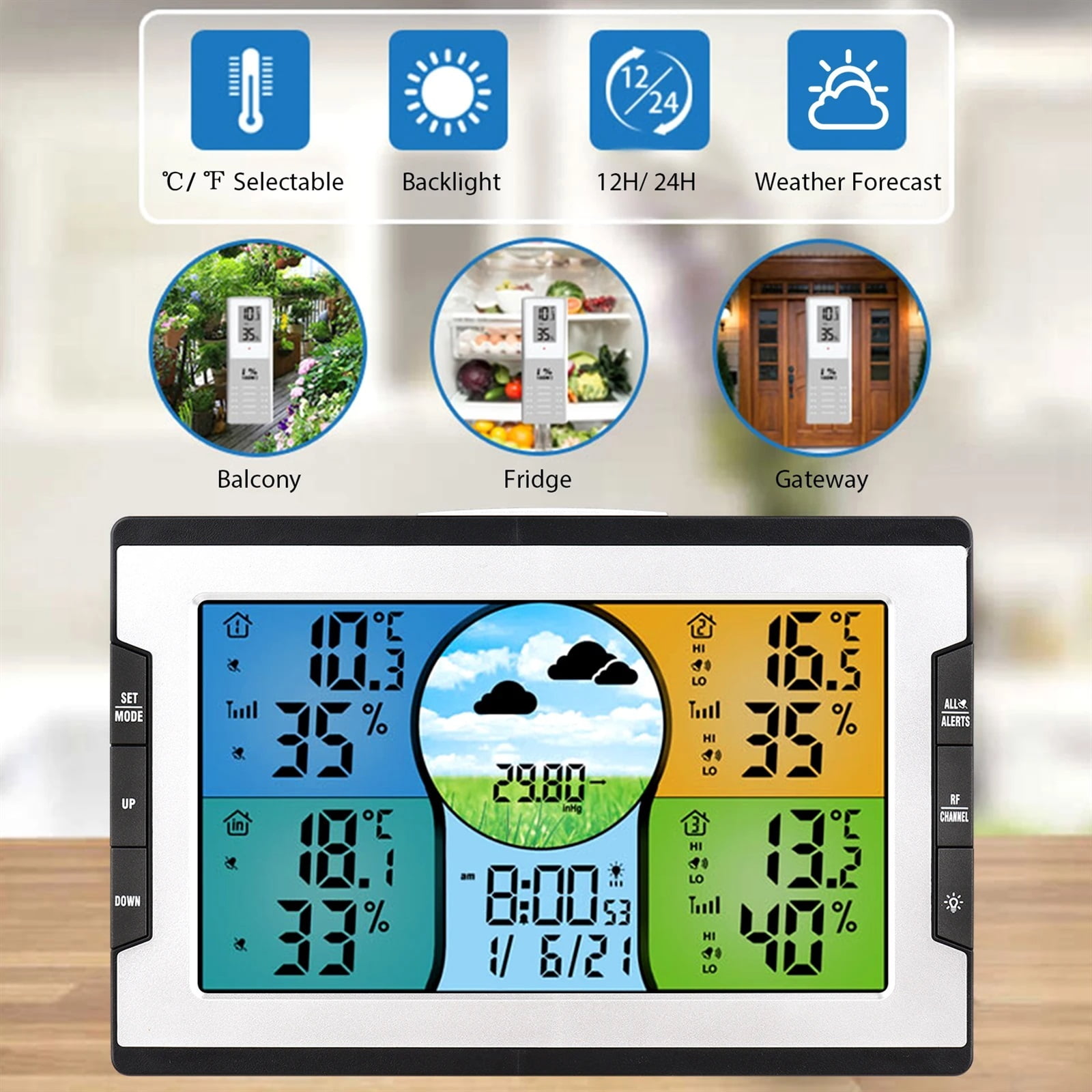 Digital Weather Station with 3 Remote Sensors 328ft/ 100m Temperature Humidity Alarm Clock with Weather Function for Warehouse ,High Precision