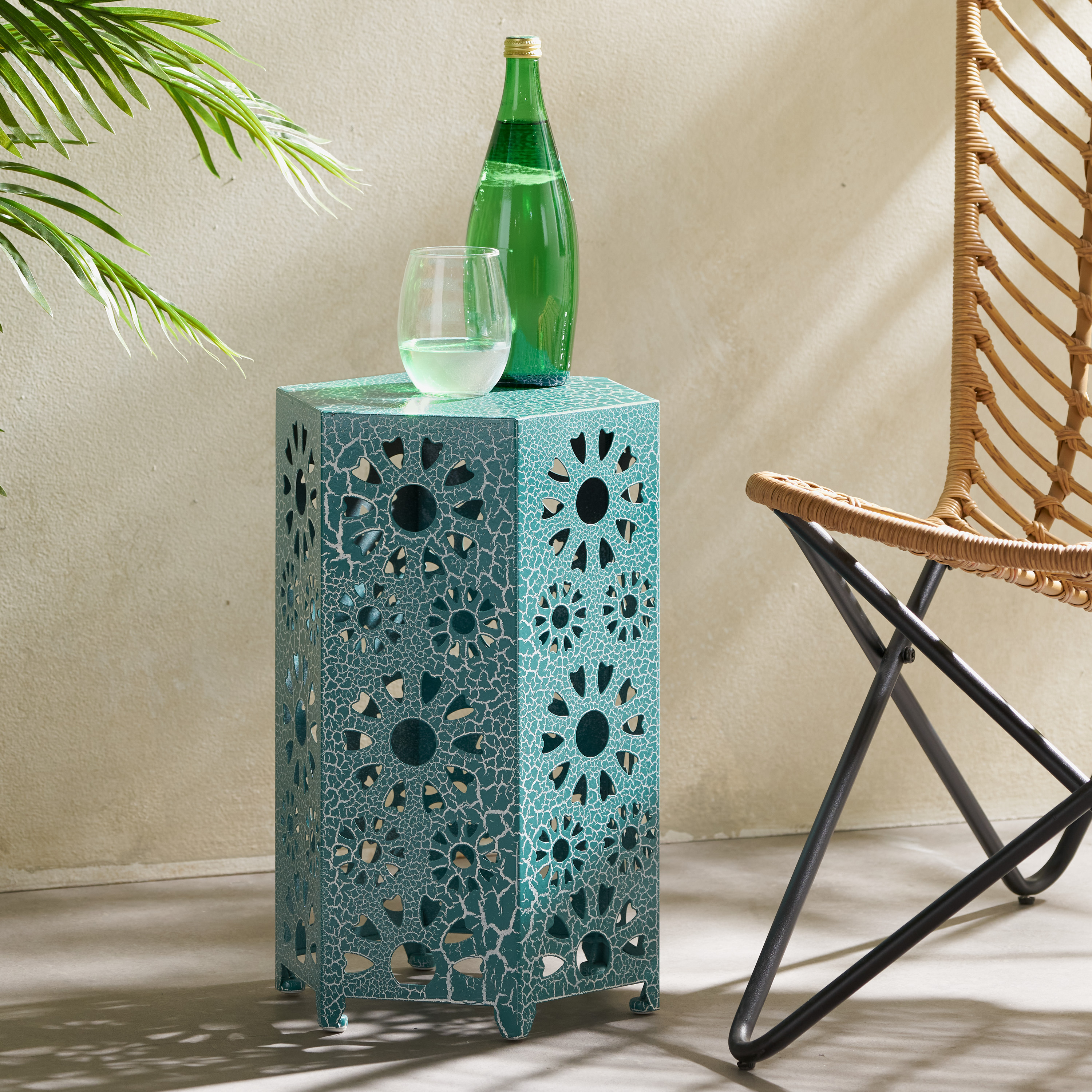 Outdoor Hollow Out Iron Side Table 12 Inch, Craft Accent Table for Patio Garden, Crackle Teal