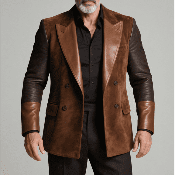 Men's Brown Faux Suede & Leather Paneled Double-Breasted Blazer, Two-Tone Leather Sleeves Slim Fit Notch Lapel Sport Coat